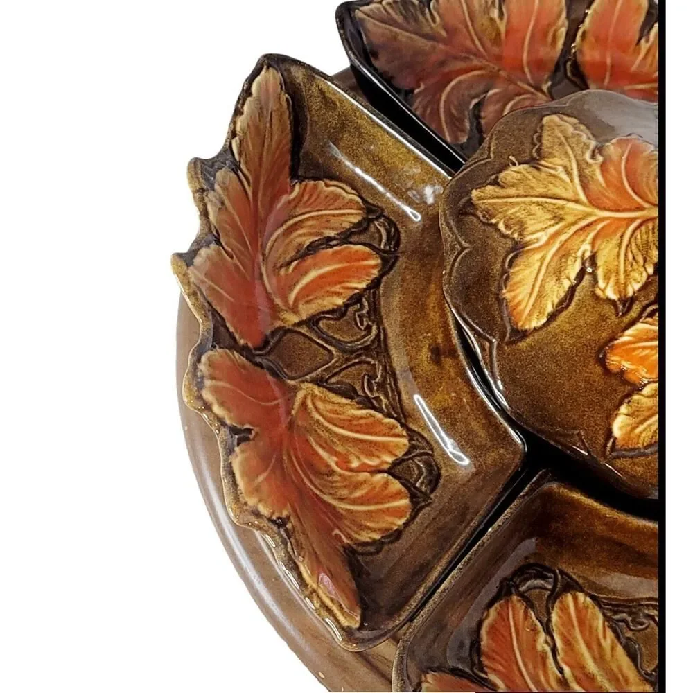 7 Pc Vintage Lazy Susan Fall Themed Red Yellow Leaves Pottery Serving Set‎ USA